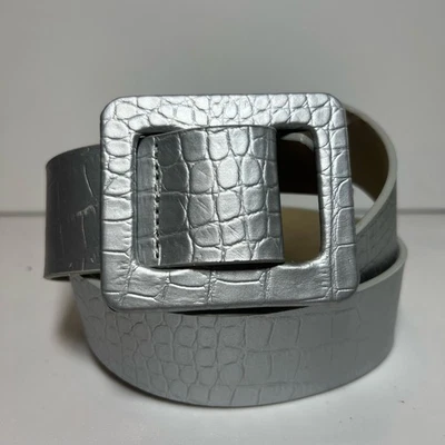 Betsey Johnson Silver Wide Leather Belt Size Medium Statement Reptile Embossed  - Image 1 of 4