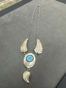 Native American Sterling Silver Shadow Box feather Necklace Turquoise Vintage - Picture 1 of 18