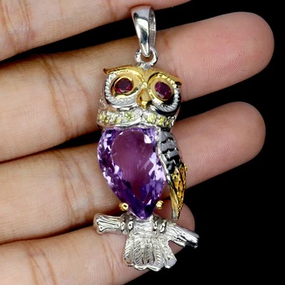 925 Pendente Argento Sterling Pera Ametista 17ct Zaffiro Gufo Fatto a Mano Gemma - Immagine 1 di 4