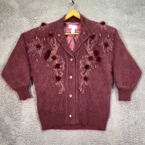 Cárdigan Baldini Vintage Angora M Borgoña Años 90 Abuela Chic Bordado Pompones - Imagen 1 de 18
