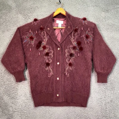 Cardigã Baldini Vintage Angorá M Borgonha Anos 90 Vovó Chique Bordado Pom-Poms - Imagem 1 de 4