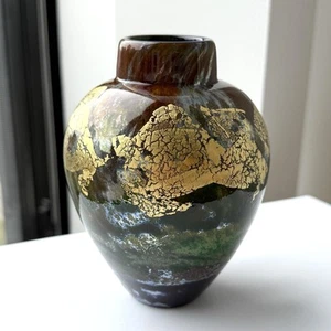 Edward Roman (1941-2020) Canada Art Glass Vase Gold Multi-Color 5" Signed - Picture 1 of 11
