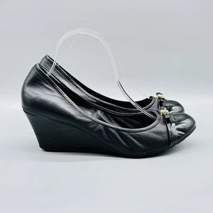 Cole Haan Shoes Womens 11 Black Wedge Heels Bow Patent Cap Toe Comfort Work - Picture 1 of 11
