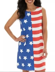 Womens Dress Sleeveless Holiday 4th of July Flag Swing Dress Works-size L - Picture 1 of 5