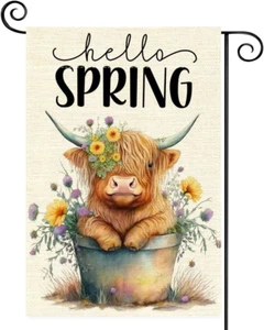 Hello Spring Highland Cow Spring and Summer Garden Flags 12X18 Inch Double Sided - Picture 1 of 6