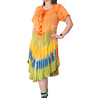 Vintage Y2K Tie Dye Batik Dress Embrodiered Midi Flowy Short Sleeve Orange Lace