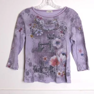 Y2K Cactus 3/4 Medium Sleeve Tunic Top Floral Lavender Purple Rhinestones Top - Picture 1 of 6