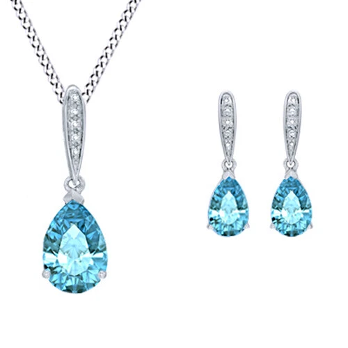 Juego de aretes colgantes de topacio azul y diamantes enchapados en oro blanco de 14K Foto 1 de 4