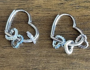 925 Silver Cz Heart 3 Removable Multicolor Heart Charms Hoop Earrings - Picture 1 of 11