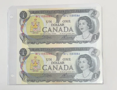 1973 Canadian 1 dollar bills - uncut sheet of two Foto 1 de 4