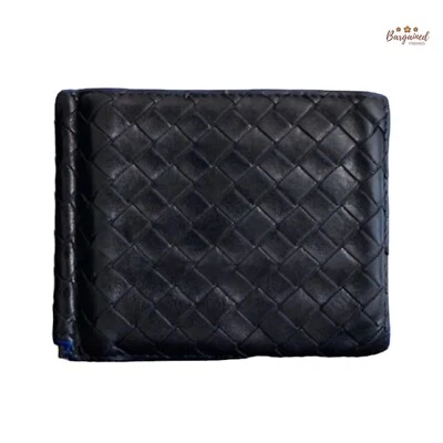 Auténtica Cartera Bottega Veneta Negra/Azul Intrecciato Cuero Clip para Dinero Plegable Foto 1 de 4