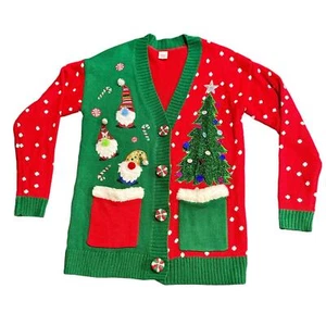 Christmas UGLY Sweater red green Santa Christmas Tree Embroidered Polka Dots XS - Picture 1 of 6