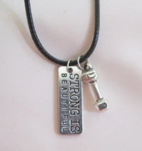 SILVER TONE CROSSFIT WEIGHTS BARBELL ''STRONG IS BEAUTIFUL" Blk LEATHER NECKLACE - Picture 1 of 9