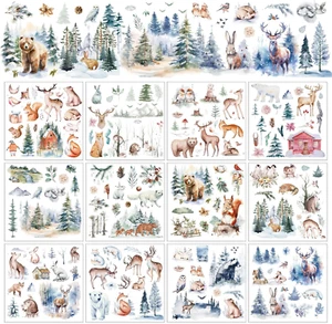 12 Sheets Winter Rub on Transfer for Crafts Watercolor Forest Animal Rub on Tran - Picture 1 of 7