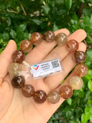 "Pulsera de cuentas de piedras preciosas rutiladas naturales de 14,5 mm, muñeca 17,8 cm/7""" Foto 1 de 4