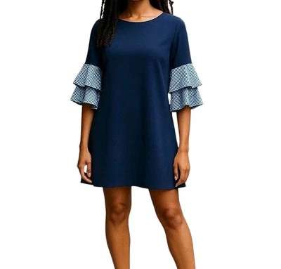 Jessica Howard Shift Dress Size 12P Navy Blue White Gingham Ruffled 3/4 Sleeves - Image 1 of 4