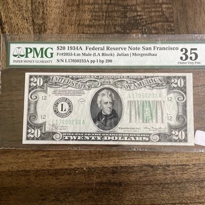 1934A $20 Federal Reserve  San Francisco, CA FR#2055-Lm Mule PMG VF 35 - Image 1 of 2