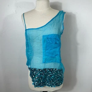Dosa Raw Silk Blue Sequin Embellished Asymmetrical Hem Sleeveless Top Size 3 - Picture 1 of 15