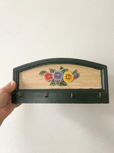 Vintage Dark Green Wood Key Holder with Flowers Small Wall Hooks | Leash Holder - Picture 1 of 5