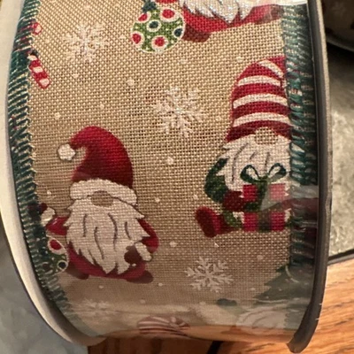 Christmas Gnomes Glittered Wire-Edged Ribbon Roll - 2.5" x 50 yds - New - Image 1 of 4