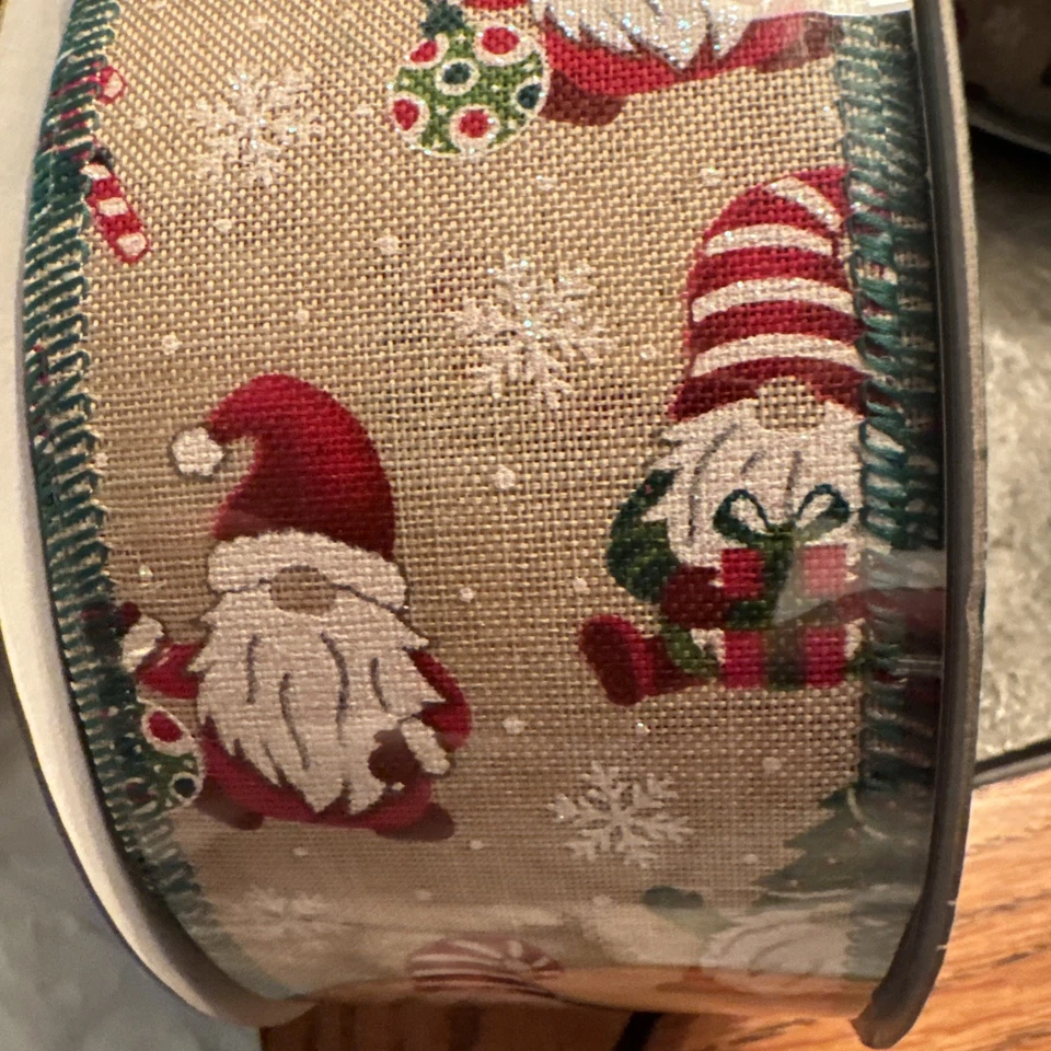 Christmas Gnomes Glittered Wire-Edged Ribbon Roll - 2.5" x 50 yds - New - Image 1 of 4