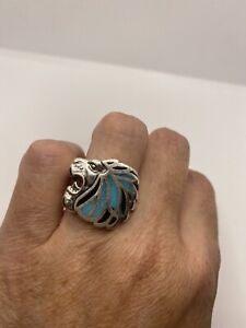 Vintage Turquoise Lion Ring Southwestern Inlay Size 8.5