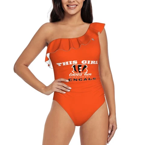 This Girl Loves Her Cincinnati Bengals Women's One Shoulder Ruffle Swimsuits Cover