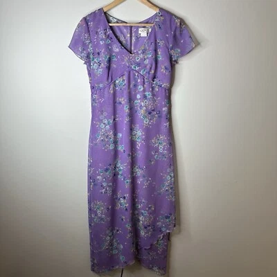 Vestido CDC Vintage Tamanho 4 Roxo Floral Babydoll Império Cintura Jardim Anos 90 Y2K Fada - Imagem 1 de 4