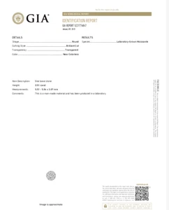 GIA Identification Report 0.51Ct Round Brilliant Cut Near Colorless Moissanite - Picture 1 of 9
