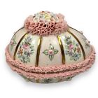Vintage Dresden Lace Egg Shaped Trinket Dish Lid Covered White Pink Gold Floral