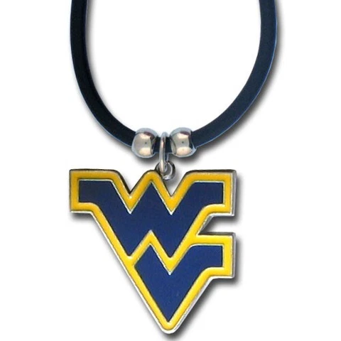 West Virginia Mountaineers Necklace Black Rubber Cord Metal Pendant NCAA College Cover