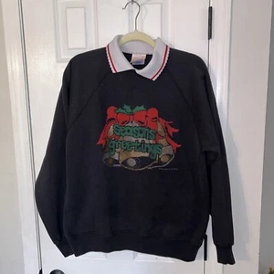 Vintage Cross Stitch Collared Sweatshirt Seasons Greetings Bells Bows Rare XL - Picture 1 of 6