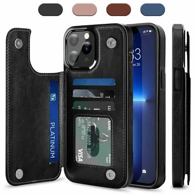 For iPhone 12 13 14 15 16 Pro Max Case Leather Card Wallet Slot Kickstand Cover - Image 1 of 4