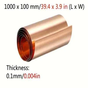 Pure Copper Metal Sheet Roll,1000mm x 100mm x 0.1mm,Plain Finish for Crafts, DIY - Picture 1 of 3