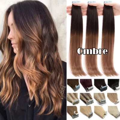 Cinta adhesiva gruesa 80 PIEZAS en extensiones de cabello humano Remy real trama de piel ombre 12"-24" Foto 1 de 4