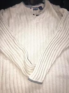 Structure Sweater Mens Large Beige Textured Knit Henley Boxy Minimalist - Picture 1 of 4