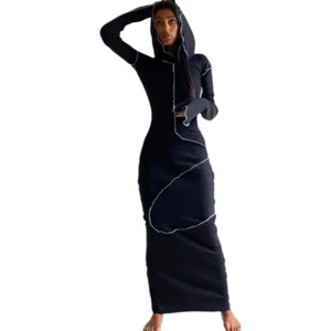 Lässiges casual Kleid mit Kapuze Maxi Midi sportlich Mesh dünn Schwarz XL - Bild 1 von 2