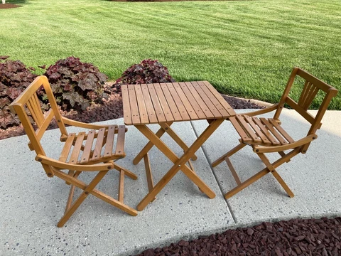 Mid-century Nevco Child Doll Beechwood Adirondack Style 2 Folding Chairs & Table Cover