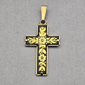 VTG Damascene Gold Floral Inlay Cross Pendant 1.5" Prong Setting - Picture 1 of 6