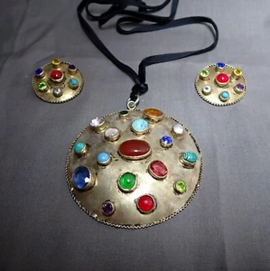 Egyptian Silver Gemstone Pendant & clip on Earrings Set Turquoise Carnelian Vtg - Picture 1 of 13