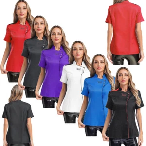 Women Tops Loose Fit Coat Short Sleeve Jacket Canteen Color Block Bakery Chef - Picture 1 of 45