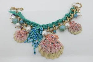 BETSEY JOHNSON SHELL SHOCKED CHAIN BRACELET SCALLOP SEA SHELLS TURQUOISE BLUE - Picture 1 of 4