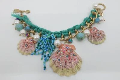 BETSEY JOHNSON SHELL SHOCKED CHAIN BRACELET SCALLOP SEA SHELLS TURQUOISE BLUE - Image 1 of 4