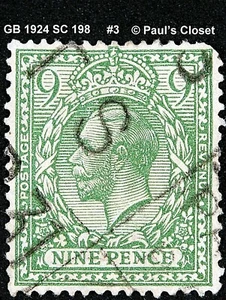 GB 1924 SC 198 KING GEORGE V OLIVE GREEN 9p UNG HAND STAMPED CANCEL F/VF #3 - Picture 1 of 2