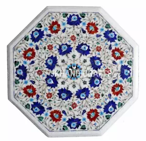 Elegant Octagonal White Marble game Table Jasper Floral Inlaid Home Decor Gift - Picture 1 of 6