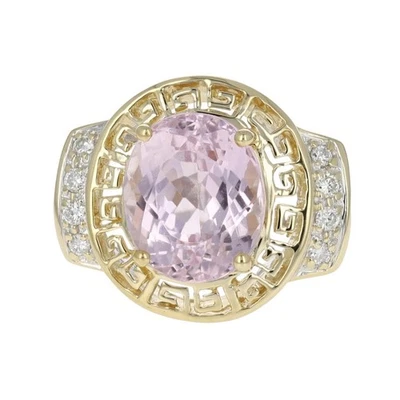 5.27ctw Oval Kunzite with Diamond Accents Greek Key Ring 14k Yellow Gold Size 8 - Image 1 of 4