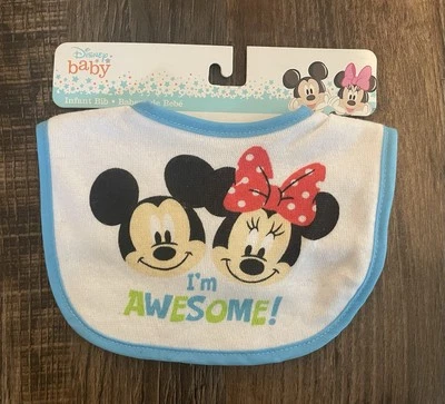 Babero infantil Disney Baby Mickey Minnie Mouse I'm Awesome Hook & Loop azul blanco Foto 1 de 4