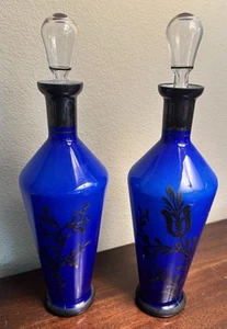 2 Vtg  Cobalt Blue Art Glass Decanter W/ Clear Teardrop Stopper & Floral Design - Picture 1 of 11