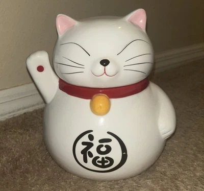 World Market Lucky Cat Collection Cookie Jar Waving Cat White Black Red - Image 1 of 4