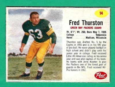 1962 Post Football #14 Fred "Fuzzy" Thurston Green Bay Packers - Image 1 of 2
